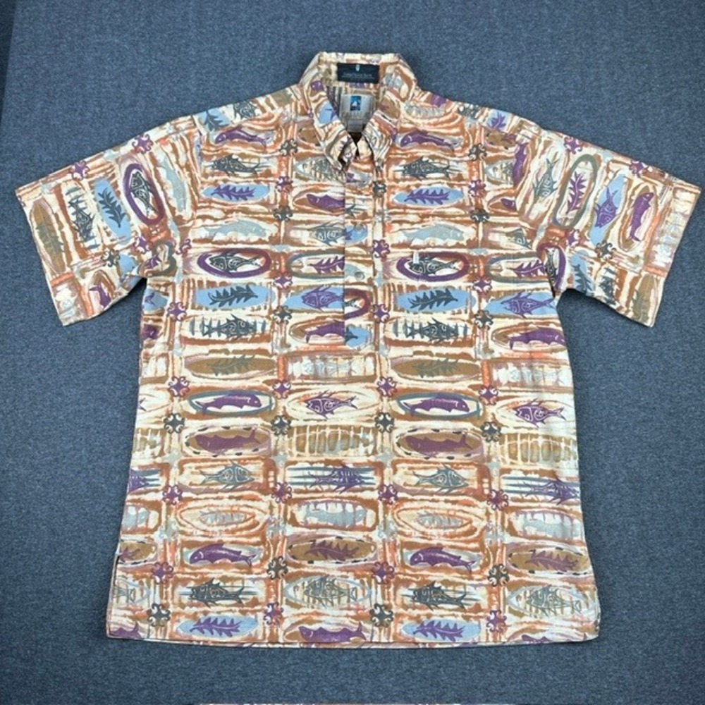 Kahala Hawaii Prince Hotel Waikiki Fish Print Cotton Shirt Mens Large Orange L